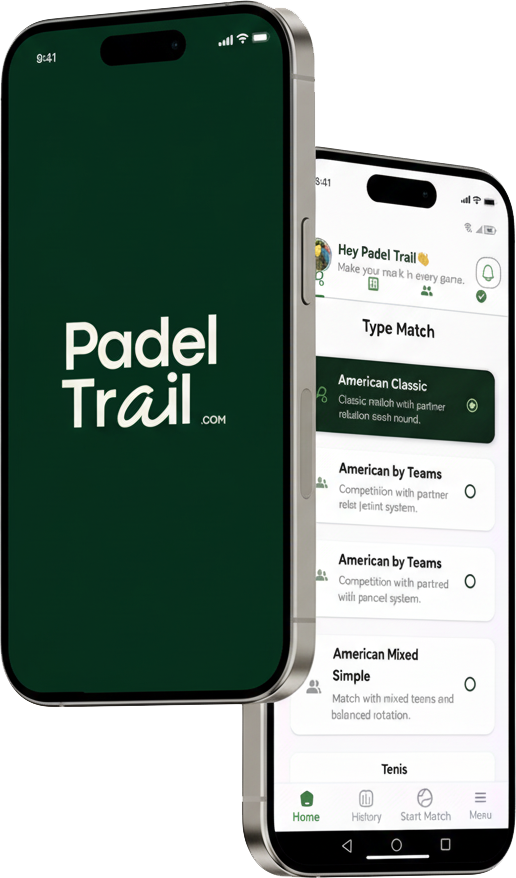 PadelTrail app mockup showing tournament interface